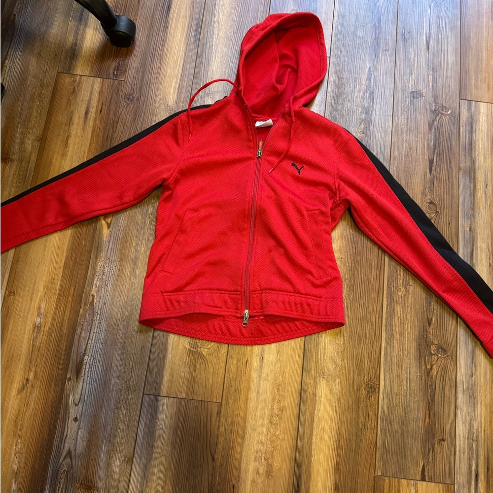 Red Zip-Up Hoodie with Black Stripes